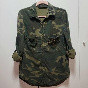 Zara Woman Camo Studded Snap Button Lyocell Top